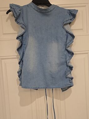 Chambray Ruffle Tie-Back Sleeveless Top - Light Blue